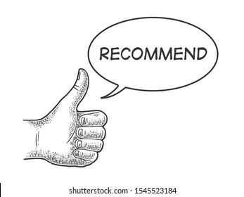 Thumb up recommend hand gesture sketch engraving vector illustration. Recommend. Scratch board imitation. Black and white hand drawn image.