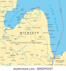 The Thumb, region and peninsula of U.S. state of Michigan, political map. Thumb, because the Lower Peninsula is shaped like a mitten. Also known as Blue Water Area, and Michigan's Thumb Coast. Vector