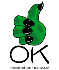 Thumb up reptiles. Approving thumb gesture shown by a dinosaur or crocodile. Green paw with claws. Sticker with emotion of approval and the word "OK". For print, decoration, design and stickers.