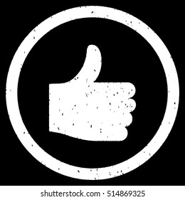 Thumb Up rubber seal stamp watermark. Icon symbol inside circle frame with grunge design and corrosion texture. Scratched vector white ink sticker on a black background.