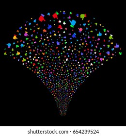 Thumb Up salute stream. Vector illustration style is flat bright multicolored iconic symbols on a black background. Object stream fountain organized from random pictograms.