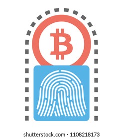 Thumb scanner with finger impression and bitcoin symbol giving view of cryptocurrency signatures to enter your crypto wallet or digit wallet  

