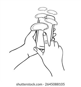 Pulgar desplazándose en la pantalla de un teléfono inteligente con burbujas de mensajes voladores Ilustración vectorial en blanco y negro. Arte de línea de comunicación en línea para UI, diseño UX, concepto de redes sociales, proyecto digital.