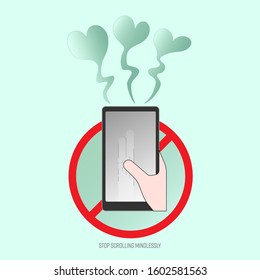 Thumb scrolling smartphone screen. Stop scrolling mindlessly concept. Vector illustration outline flat design style.
