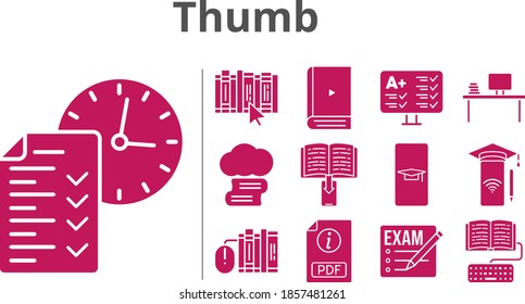 thumb set. included exam, cloud library, student-smartphone, pdf, ebook, desktop, smartphone, books, test, homework, book icons. filled styles.