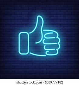 Thumb up shape. Blue neon sign element. Night bright advertisement. Vector illustration for communication, business, app design