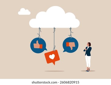 Thumb up shape sign and heart hanging from white cloud. Social media communication. Positive and negative feedback vision. Modern vector illustration in flat style.