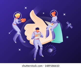 Thumb up sign and astronauts in spacesuits. Vector metaphor of the hand shows the gesture a class as like sign. Social networking universe concept.