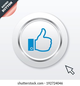 Thumb up sign. Hand finger up symbol. White button with metallic line. Modern UI website button with mouse cursor pointer. Vector