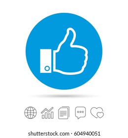 Thumb up sign. Hand finger up symbol. Copy files, chat speech bubble and chart web icons. Vector