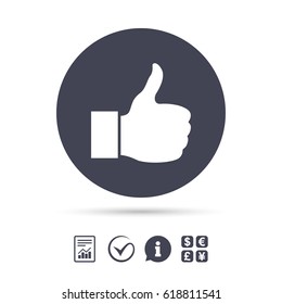 Thumb up sign. Hand finger up symbol. Report document, information and check tick icons. Currency exchange. Vector