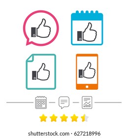 Thumb up sign. Hand finger up symbol. Calendar, chat speech bubble and report linear icons. Star vote ranking. Vector