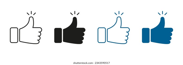 Thumb Up Silhouette and Line Icons Set. Like, Ok, Good Choice Pictogram. Finger Up Black and Color Button for Social Media. Vote Gesture, Approve, Confirm Sign. Isolated Vector Illustration.