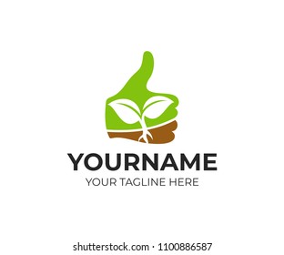 Thumb up with sprout inside, logo template. Farming and agriculture, vector design. Success and growth in business, illustration