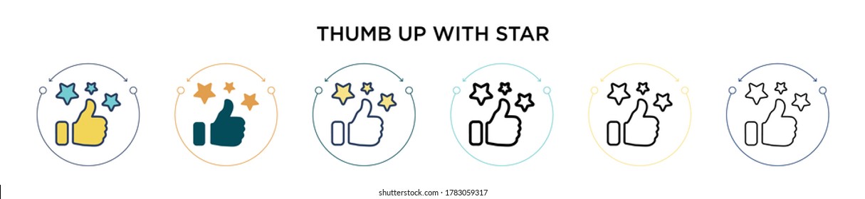 Thumb up with star icon in filled, thin line, outline and stroke style. Vector illustration of two colored and black thumb up with star vector icons designs can be used for mobile, ui, web