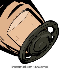 Thumb with steering wheel illustration over white background