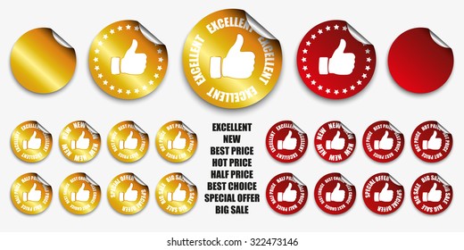Thumb Up Stickers. Gold and red.
