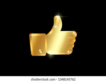 Thumb up symbol, golden finger up icon, gold OK sign vector illustration isolated or black background 