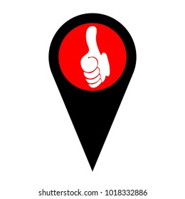 Thumb up symbol. Like gesture icon. Vector. Flat white icon in red circle at black marker on white background. Isolated.