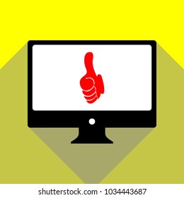 Thumb up symbol. Like gesture icon. Vector. Red icon on white monitor of black all-in-one desktop computer with two shadows at yellow background.
