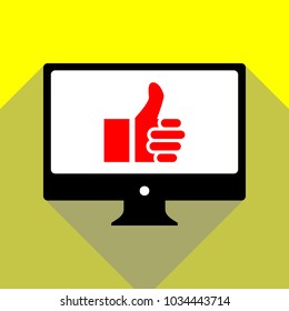 Thumb up symbol. Like gesture icon. Vector. Red icon on white monitor of black all-in-one desktop computer with two shadows at yellow background.