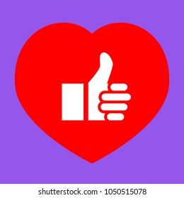 Thumb up symbol. Like gesture icon. Vector. White icon in red heart at lavender background.