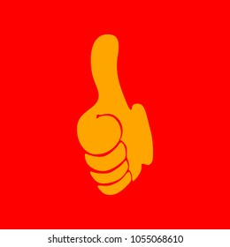 Thumb up symbol. Like gesture icon. Vector. Orange icon with white holes if exist at red background. Isolated.