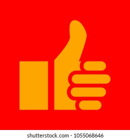 Thumb up symbol. Like gesture icon. Vector. Orange icon with white holes if exist at red background. Isolated.