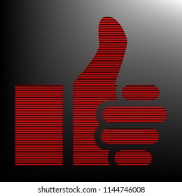 Thumb up symbol. Like gesture icon. Vector. Striped red and black icon at gradient blackish background. Zebra.