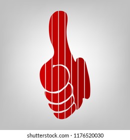 Thumb up symbol. Like gesture icon. Vector. Vertically divided icon with colors from reddish gradient in gray background with light in center.