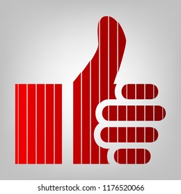 Thumb up symbol. Like gesture icon. Vector. Vertically divided icon with colors from reddish gradient in gray background with light in center.
