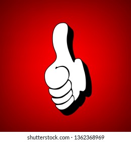 Thumb up symbol. Like gesture icon. Vector. Perspective view of white icon with black outline at reddish background.