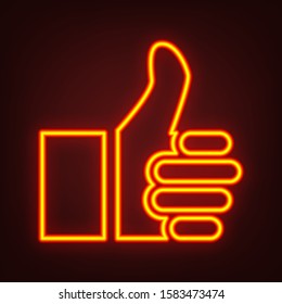 Thumb up symbol. Like gesture icon. Yellow, orange, red neon icon at dark reddish background. Illumination. Illustration.