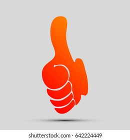 Thumb up symbol. Like gesture icon. Vector. Orange, red-yellow icon with shadow on gray background.