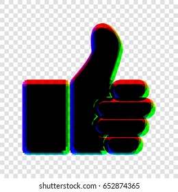 Thumb up symbol. Like gesture icon. Vector. Black icon with red-green-blue contours on transparent background.