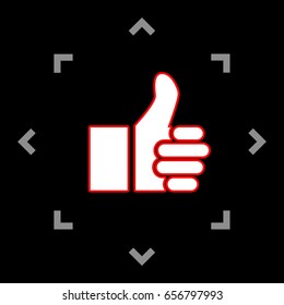 Thumb up symbol. Like gesture icon. Vector. White icon in gray focus like mandala on black background.