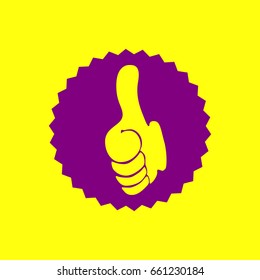 Thumb up symbol. Like gesture icon. Vector. Violet label with hole as icon on yellow background.