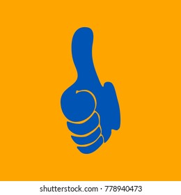 Thumb up symbol. Like gesture icon. Vector. Medium teal blue icon on orange background.