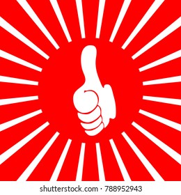 Thumb up symbol. Like gesture icon. Vector. White icon on red sun with rays as background. Isolated.