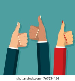 Thumb up symbol set flat style, Cheering business people, Hands show finger Like sign. Vector