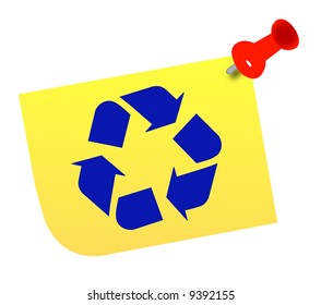 thumb tacked note with blue recycle symbol - vector