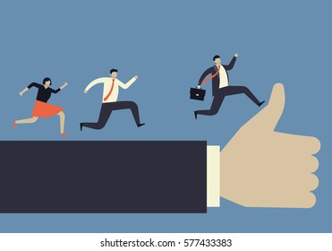Thumb up and teamwork. Businessmen running on arm thumb up.Business concepts in vector.