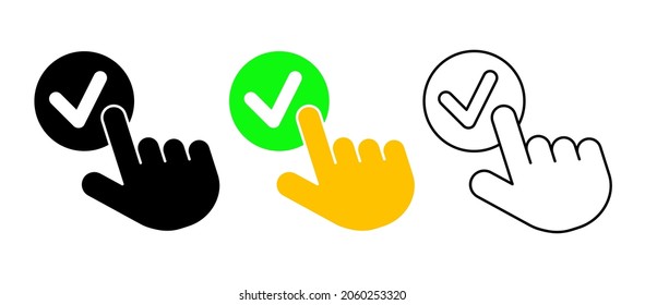 El miembro toca la marca de garrapatas redondeada. Juego de iconos de vector con clic-táctil manual. Conjunto de iconos de silueta, coloreado y lineal. Logotipo-web, elemento de diseño de iconos.