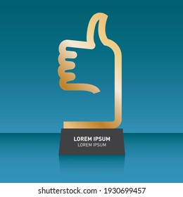 Thumb up trophy, gold with blue background