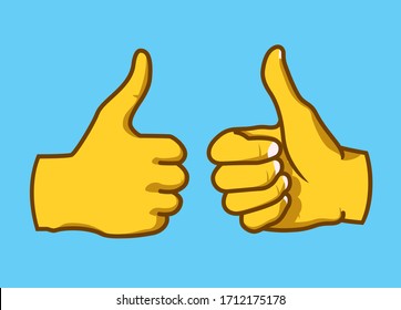 Thumb up from two angles. Outside and inside. Realistic yellow emoji on a blue background