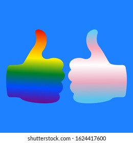 Thumb up two LGBT and transgender flags on a blue background, vector