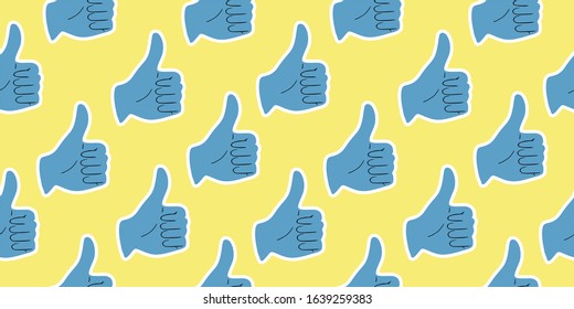Thumb up, blue hands on a yellow background, geometric seamless pattern in pop art style. The sign is excellent, everything is OK. For printing on fabrics, t-shirts, bags, bright wallpapers