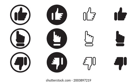 Thumb up, click and thumb down icons set. Vector flat illustration