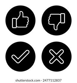 Pulgar arriba, abajo, comprobar, y el icono de línea cruzada en círculo negro. Como, dislike, tick y un símbolo de marca