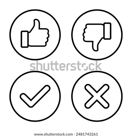 Thumb up, down, check, and cross icon in circle line. Like, dislike, tick, and x mark sign symbol